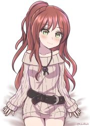 Rule 34 | :3, bang dream!, belt, brown hair, dress, green eyes, highres, imai lisa, jewelry, large belt, long hair, looking at viewer, nan0teck, necklace, ponytail, ribbed sweater, sitting, smile, solo, sweater, sweater dress, swept bangs, thighs, very long hair, wavy hair