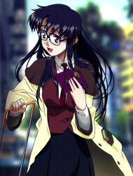 Rule 34 | 1girl, absurdres, album cover, black hair, black skirt, blue eyes, breasts, cover, drama, forced perspective, glasses, highres, ishihama masashi, large breasts, long hair, looking to the side, masashi, necktie, non-web source, official art, open mouth, read, read or die, reading, sideways glance, skirt, solo, suitcase, vest, yomiko, yomiko readman