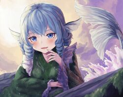 Rule 34 | 1girl, blue eyes, blue hair, blush, commentary, drill hair, drill sidelocks, fins, green kimono, head fins, highres, japanese clothes, kimono, long sleeves, looking at viewer, mermaid, monster girl, open mouth, pygrenix, sidelocks, solo, touhou, wakasagihime