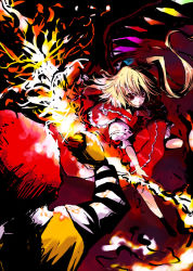 Rule 34 | 1boy, 1girl, battle, blonde hair, crossover, crystal, demon wings, dress, fire, fire, flandre scarlet, holding, mcdonald&#039;s, red dress, ronald mcdonald, shaded face, side ponytail, stick, tamaki fuyu, touhou, vampire, wings