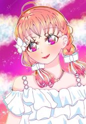 Rule 34 | 1girl, a chika-tastic summer (love live!), alternate hairstyle, antenna hair, aqua bow, artist name, artist request, bare shoulders, blush, bow, bracelet, braid, breasts, cleavage, close-up, cloud, collarbone, dress, female focus, floating hair, flower, frill trim, frilled dress, frilled sleeves, frills, hair bow, hair flower, hair ornament, jewelry, looking at viewer, love live!, love live! school idol festival, love live! school idol festival all stars, love live! sunshine!!, mocoa oekaki, necklace, orange hair, parted lips, plaid, plaid dress, pleated, pleated dress, purple sky, red eyes, short hair, short twintails, sky, sleeveless, sleeveless dress, small breasts, smile, solo, star (symbol), star necklace, sundress, takami chika, twin braids, twintails, upper body, white bow, white dress, white flower