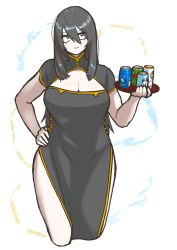Rule 34 | 1girl, :t, absurdres, alcohol, beer, black dress, black hair, breasts, china dress, chinese clothes, cleavage, cleavage cutout, clothing cutout, cocoa fuumi, dress, hair between eyes, hand on own hip, highres, jitome, large breasts, long hair, original, rinko-san (cocoa fuumi), sanpaku, side slit, solo, thighs, tray, wide hips