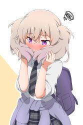 Rule 34 | 1girl, absurdres, backpack, bag, blush, clothes around waist, collared shirt, female focus, flustered, full-face blush, gradient hair, grey hair, hair over mouth, highres, jacket, jacket around waist, multicolored hair, necktie, plaid, plaid skirt, purple eyes, shirt, shy, skirt, sleeves rolled up, slow loop, solo, squiggle, striped necktie, twintails, two-tone background, white shirt, yoshinaga koi, yuuyrx
