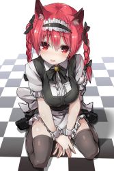 Rule 34 | 1girl, alternate costume, animal ears, apron, arm support, black thighhighs, blush, bow, braid, breasts, cat ears, checkered flag, checkered floor, enmaided, flag, greatmosu, hair between eyes, hair bow, hairband, heart, heart-shaped pupils, highres, kaenbyou rin, large breasts, lolita hairband, maid, maid apron, md5 mismatch, red eyes, red hair, resized, resolution mismatch, sitting, sketch, smile, solo, source larger, symbol-shaped pupils, thighhighs, touhou, twin braids, waist apron, wariza, wrist cuffs, zettai ryouiki