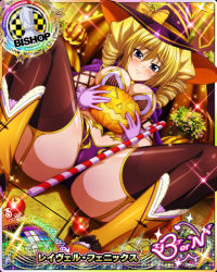 Rule 34 | 1girl, apple, bishop (chess), blonde hair, blue eyes, blush, breasts, card (medium), chess piece, cleavage, costume, female focus, food, fruit, gloves, halloween, halloween costume, hat, high school dxd, jack-o&#039;-lantern, large breasts, official art, purple gloves, ravel phenex, solo, thighhighs, witch hat