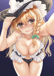 Rule 34 | 1girl, arm up, armpits, bare shoulders, bikini, black bikini, black bra, black hat, black panties, blonde hair, blush, bow, bra, braid, breasts, eyes visible through hair, frills, green bow, hair between eyes, hair bow, hand on headwear, hands up, hat, hat bow, kaeranu kaeru, kirisame marisa, long hair, looking at viewer, medium breasts, open mouth, panties, purple background, simple background, single braid, smile, solo, swimsuit, thighs, touhou, underwear, white bow, witch hat, yellow eyes