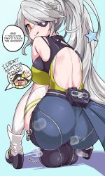 Rule 34 | 2girls, anger vein, ass, backless outfit, blonde hair, blue shorts, boots, breasts, closed mouth, covered testicles, english text, eyepatch, futanari, grey hair, hair ornament, highres, huge testicles, large breasts, long hair, multiple girls, open mouth, ponytail, shiro (tower of fantasy), shorts, sirachi, smile, solo focus, speech bubble, squatting, star (symbol), star hair ornament, steaming body, testicles, thighhighs, thighhighs under boots, tongue, tongue out, tower of fantasy, tsubasa (tower of fantasy), very long hair, white thighhighs