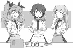 Rule 34 | +++, 3girls, :q, anchovy (girls und panzer), anzio school uniform, apron, bowl, braid, carpaccio (girls und panzer), closed eyes, closed mouth, commentary request, container, cooking, dress shirt, drill hair, flying sweatdrops, food, girls und panzer, greyscale, hair ribbon, heart, highres, holding, holding bowl, licking, licking finger, long hair, looking at another, miniskirt, monochrome, multiple girls, onigiri, open mouth, partial commentary, pepperoni (girls und panzer), plate, pleated skirt, renshiu, ribbon, school uniform, shirt, short hair, side braid, skirt, sleeves rolled up, smile, standing, sweatdrop, tongue, tongue out, twin drills, twintails, waist apron, wing collar