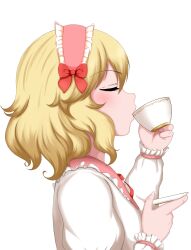 Rule 34 | 1girl, blonde hair, bonnet, closed eyes, commentary, cup, drinking, female focus, from side, highres, holding, holding cup, idolmaster, idolmaster cinderella girls, idolmaster cinderella girls starlight stage, idolmaster cinderella girls u149, long sleeves, mrhunking, profile, sakurai momoka, short hair, simple background, solo, teacup, upper body, white background