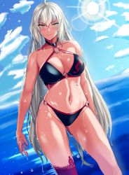 Rule 34 | 1girl, ahoge, bare shoulders, bikini, black bikini, blue sky, blush, breasts, cleavage, collarbone, day, fate/grand order, fate (series), highres, jeanne d&#039;arc alter (swimsuit berserker) (fate), jeanne d&#039;arc (fate), jeanne d&#039;arc alter (fate), jeanne d&#039;arc alter (swimsuit berserker) (fate), large breasts, long hair, looking at viewer, navel, o-ring, o-ring bikini, ocean, red thighhighs, silver hair, single thighhigh, sky, smile, sunlight, swimsuit, thighhighs, thighs, very long hair, wading, wet, yellow eyes, yuhica