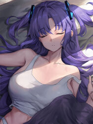 Rule 34 | 1girl, bare shoulders, blue archive, blush, breasts, chihunhentai, closed eyes, collarbone, hair ornament, highres, large breasts, long hair, lying, on back, parted bangs, purple hair, sleeping, solo, sports bra, two side up, white sports bra, yuuka (blue archive)