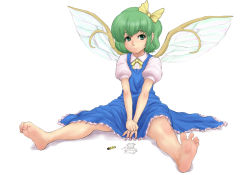 Rule 34 | 1girl, barefoot, cirno, crayon, daiyousei, feet, female focus, green eyes, green hair, highres, kuro suto sukii, matching hair/eyes, short hair, side ponytail, simple background, soles, solo, toe scrunch, toes, touhou, white background, wings