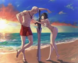 Rule 34 | 1boy, 1girl, barefoot, beach, bikini, black hair, breasts, cleavage, dante (devil may cry), devil may cry, devil may cry (series), devil may cry 3, heterochromia, lady (devil may cry), leaning forward, looking at another, male swimwear, ocean, ozkh, rebellion (sword), red male swimwear, red swim trunks, sandals, scar, short hair, signature, silver hair, smile, sunset, swim trunks, swimsuit, sword, toned, weapon