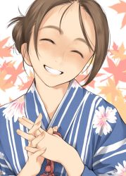 Rule 34 | 1girl, ^ ^, bad id, bad pixiv id, blush, brown hair, closed eyes, floral print, gafas, grin, happy, head tilt, interlocked fingers, japanese clothes, kamo (gafas), kimono, leaf, long sleeves, maple leaf, original, parted bangs, ponytail, smile, solo, upper body, white background
