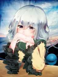 Rule 34 | 1girl, elbow rest, elbows on table, frills, grey eyes, heart, heart-shaped pupils, highres, komeiji koishi, looking at viewer, no headwear, power lines, silver hair, solo, suzune hapinesu, symbol-shaped pupils, touhou, transmission tower, tree