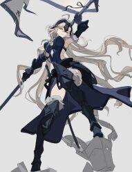 Rule 34 | 1girl, absurdres, ahoge, armor, armpits, banner, blue dress, bracer, bridal gauntlets, chain, choker, dress, fate/grand order, fate (series), faulds, greaves, grey hair, high heels, highres, holding, holding polearm, holding weapon, jeanne d&#039;arc alter (avenger) (fate), jeanne d&#039;arc alter (avenger) (third ascension) (fate), jeanne d&#039;arc alter (fate), kumatangent, light smile, long hair, looking at viewer, polearm, spear, sword, thighhighs, tiara, unfinished, very long hair, waist cape, weapon, yellow eyes