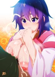 Rule 34 | absurdres, arc the lad, blush, breasts squeezed together, breasts, breath, cum, cum on body, cum on breasts, cum on upper body, ejaculation, facial, highres, huge breasts, japanese clothes, k.ty (amejin), kimono, kukuru (arc the lad), large breasts, miko, nipples, paizuri, pubic hair, purple eyes, purple hair, short hair, sweat