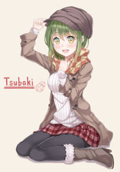 Rule 34 | 1girl, :d, argyle, argyle clothes, argyle scarf, bare shoulders, black pantyhose, blush, boots, breasts, brown background, character name, english text, flower, green hair, hat, open mouth, original, pantyhose, ray-akila, scarf, short hair, simple background, sitting, skirt, sleeveless, smile, socks, solo, thighband pantyhose, tsubaki (ray-akila), white background, yellow eyes