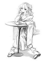 Rule 34 | 1girl, 80isiiii, absurdres, closed mouth, flower, full body, greyscale, hair flower, hair ornament, hieda no akyuu, highres, japanese clothes, kimono, long sleeves, monochrome, short hair, simple background, sketch, smile, socks, solo, touhou, white background, wide sleeves