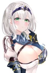 Rule 34 | 1girl, black gloves, blush, braid, breasts, cleavage, crown braid, fingerless gloves, gloves, green eyes, grey hair, hand up, highres, hololive, large breasts, looking at viewer, mile (off8mile), mole, mole on breast, shirogane noel, shirogane noel (1st costume), simple background, solo, twitter username, upper body, virtual youtuber, white background