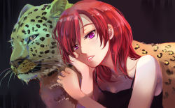 Rule 34 | 10s, 1girl, absurdres, black background, hand on own cheek, hand on own face, head rest, highres, junjun (kimi-la), looking at viewer, love live!, love live! school idol project, nishikino maki, panther, parted lips, pink lips, purple eyes, red hair, short hair, simple background, sleeveless, solo, upper body