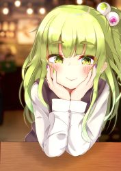 Rule 34 | 1girl, black vest, blush, closed mouth, commentary, elbows on table, eyeball hair ornament, fang, green eyes, green hair, green nails, h1 yos, hands on own cheeks, hands on own face, highres, leaning on table, lights, long hair, long sleeves, looking at viewer, multicolored nails, nail polish, original, osanai (shashaki), ponytail, purple nails, shirt, sidelocks, table, vest, white shirt