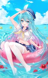 Rule 34 | 1girl, bare shoulders, blue eyes, blue hair, looking at viewer, mayo (miyusa), multicolored hair, open mouth, original, outdoors, sailor collar, smile, solo, two-tone hair