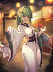 Rule 34 | 1girl, blurry, blurry background, blush, bow, brown eyes, candy apple, depth of field, food, fox mask, green hair, hair intakes, head tilt, highres, holding, holding food, holding mask, japanese clothes, kimono, lantern, long hair, long sleeves, looking at viewer, market stall, mask, unworn mask, obi, original, paper lantern, parted lips, sash, sleeves past fingers, sleeves past wrists, solo, standing, sugar (dndi888), summer festival, torii, very long hair, white kimono, wide sleeves, yellow bow, yukata