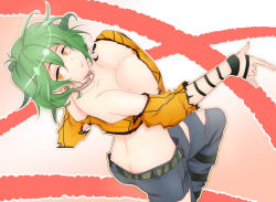 Rule 34 | 1girl, ass, breasts, butt crack, cleavage, crop top, denim, from above, from behind, green hair, hikage (senran kagura), jeans, kinako (mzknk0), large breasts, pants, senran kagura, short hair, short sleeves, solo, yellow eyes