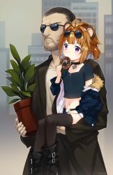 Rule 34 | 1boy, 1girl, aged down, animal ears, bear ears, brown hair, choker, coat, commentary, commentary request, doughnut, eating, eyewear on head, facial hair, food, fur trim, girls&#039; frontline, glasses, grizzly mkv (girls&#039; frontline), grizzly mkv (teddy transform!) (girls&#039; frontline), jacket, leon (leon the professional), leon the professional, official alternate costume, plant, potted plant, purple eyes, short hair, stubble, thighhighs, trench coat, tsuki tokage