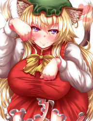 Rule 34 | 1girl, animal ears, blonde hair, blush, bow, breasts, cat ears, cat tail, chen, chen (cosplay), commentary request, cosplay, ear piercing, earrings, hat, heart, highres, huge breasts, jewelry, large breasts, long hair, long sleeves, looking at viewer, mob cap, multiple tails, paw pose, piercing, purple eyes, red eyes, shirt, simple background, single earring, smile, solo, tail, touhou, very long hair, yakumo yukari, zan (harukahime)