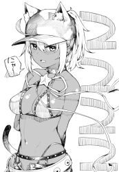 Rule 34 | 1girl, ahoge, animal ears, artoria pendragon (fate), bare shoulders, baseball cap, bb (fate), bb (fate) (all), bb (swimsuit mooncancer) (fate), bb (swimsuit mooncancer) (fate) (cosplay), bb (swimsuit mooncancer) (second ascension) (fate), belt, blush, breasts, cat ears, cat tail, cleavage, cosplay, dark-skinned female, dark skin, fate/grand order, fate (series), greyscale, hai ookami, hat, highres, large breasts, long hair, looking at viewer, monochrome, mysterious heroine xx (fate), navel, neck ribbon, open mouth, ponytail, ribbon, shorts, sidelocks, solo, tail, tan