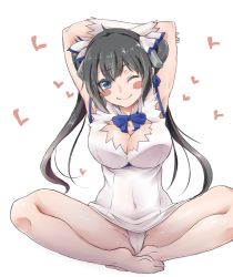 Rule 34 | 10s, 1girl, ao (time-leap), arm ribbon, armpits, arms behind head, arms up, bare shoulders, barefoot, black hair, blue eyes, blush, blush stickers, bow, breasts, butterfly sitting, cleavage, cleavage cutout, clothing cutout, collarbone, colored eyelashes, covered navel, dress, dungeon ni deai wo motomeru no wa machigatteiru darou ka, gloves, hair ornament, hair ribbon, heart, hestia (danmachi), indian style, large breasts, long hair, looking at viewer, one eye closed, panties, rei no himo, ribbon, short dress, simple background, sitting, sleeveless, sleeveless dress, smile, solo, twintails, underwear, white background, white dress, white gloves, white panties