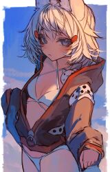 Rule 34 | 1girl, absurdres, animal ear fluff, animal ears, bikini, black jacket, blonde hair, blue eyes, blush, breasts, cleavage, commentary, fox ears, fox girl, hair ornament, highres, jacket, long sleeves, looking at viewer, naokomama, phase connect, short hair, small breasts, solo, standing, swimsuit, tenma maemi, virtual youtuber, white bikini