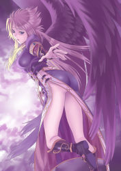 Rule 34 | 1girl, angel wings, blonde hair, blue eyes, boots, breasts, breath of fire, breath of fire ii, bridal gauntlets, commentary request, dress, graphite (medium), highres, knee boots, legs, long hair, looking at viewer, nina (breath of fire ii), purple wings, side slit, solo, traditional media, wanana, wings