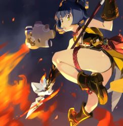 Rule 34 | 1girl, black dress, black footwear, blue hair, boots, braid, braided bun, breath weapon, breathing fire, china dress, chinese clothes, commentary, dress, english commentary, fire, flat chest, full body, genshin impact, guoba (genshin impact), hair bun, holding, holding polearm, holding spear, holding weapon, open mouth, optionaltypo, polearm, short hair, solo focus, spear, thigh strap, thighs, vambraces, weapon, xiangling (genshin impact), yellow eyes