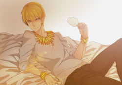 Rule 34 | 1boy, blonde hair, bracelet, casual, cup, drinking glass, fate/zero, fate (series), gilgamesh (fate), highres, jewelry, makaron611, male focus, necklace, official alternate costume, reclining, red eyes, short hair, solo, v-neck, wine glass