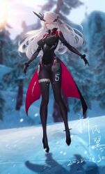 Rule 34 | 1girl, absurdres, bodysuit, breasts, expressionless, eyepatch, hair ornament, hairclip, highres, long hair, looking at viewer, lying, nemesis (tower of fantasy), on side, red eyes, solo, tower of fantasy, white hair