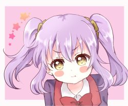 Rule 34 | 10s, 1girl, :t, blush stickers, bow, bowtie, commentary request, looking at viewer, mearian, purple hair, release the spyce, sagami fuu, sidelocks, simple background, solo, star (symbol), twintails, upper body, v-shaped eyebrows, yellow eyes