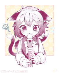 Rule 34 | 1girl, animal ears, cat ears, cat tail, chen, cropped torso, flute, flying sweatdrops, highres, ibaraki natou, instrument, looking down, monochrome, multiple tails, music, nekomata, no headwear, playing instrument, recorder, short hair, simple background, solo, squiggle, tail, touhou, two tails, upper body