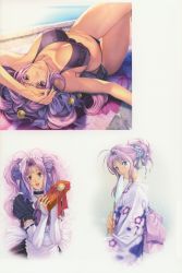 Rule 34 | 1girl, ahoge, alternate hairstyle, antenna hair, apron, bikini, box, breasts, bridal gauntlets, choker, cleavage, collage, cotton candy, downblouse, elbow gloves, hand fan, floral print, flower, gift, gift box, gloves, hair flower, hair intakes, hair ornament, highres, homare (fool&#039;s art), japanese clothes, kimono, large breasts, lipstick, long hair, looking at viewer, lying, maid, maid apron, maid headdress, makeup, multiple views, obi, on back, original, pool, poolside, puffy sleeves, purple eyes, purple hair, sash, scan, shizune (homare), side-tie bikini bottom, sideboob, smile, source request, sunbathing, swimsuit, twintails, updo, upside-down, yukata