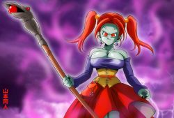Rule 34 | 1girl, absurdres, breasts, cleavage, colored skin, corruption, dark persona, dragon quest, dragon quest viii, green skin, highres, jessica albert, matching hair/eyes, red eyes, red hair, solo, staff, twintails, yamamoto doujin