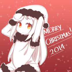 Rule 34 | 10s, 1girl, abyssal ship, armpits, bad id, bad pixiv id, christmas, colored skin, dress, hat, highres, hymn, hymn lee, kantai collection, long hair, looking at viewer, merry christmas, mittens, northern ocean princess, orange eyes, santa hat, smile, solo, sparkle, white dress, white hair, white mittens, white skin