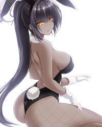 Rule 34 | 1girl, animal ears, ass, backless leotard, bare shoulders, black hair, black leotard, blue archive, breasts, closed mouth, commentary request, dark-skinned female, dark skin, detached collar, engo (aquawatery), expressionless, fake animal ears, fake tail, fishnet pantyhose, fishnets, gloves, halo, highleg, highleg leotard, highres, karin (blue archive), karin (bunny) (blue archive), large breasts, leotard, long hair, looking at viewer, official alternate costume, pantyhose, playboy bunny, ponytail, rabbit ears, rabbit tail, shoulder blades, sideboob, simple background, sitting, solo, strapless, strapless leotard, tail, very long hair, white background, white gloves, wrist cuffs, yellow eyes