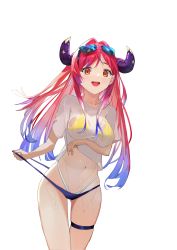 Rule 34 | 1girl, :d, absurdres, bad id, bad pixiv id, bikini, breasts, clip studio paint (medium), clothes lift, demon girl, demon horns, demon tail, demon wings, eyebrows hidden by hair, eyewear on head, highres, horns, kurari rose, large breasts, looking at viewer, mole, mole under eye, multicolored hair, open mouth, pink hair, purple hair, red hair, see-through, shirt, smile, solo, sunglasses, sunglasses on head, swimsuit, swimsuit lift, tail, tongue, virtual youtuber, wactor production, wet, wet clothes, wet shirt, white background, wings, xiami333, yellow eyes