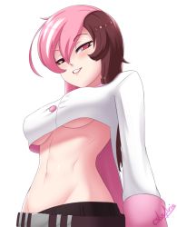Rule 34 | 1girl, belt, blush, breasts, brown hair, brown pants, buttons, cslucaris, covered erect nipples, grin, heterochromia, jacket, long hair, looking at viewer, looking down, medium breasts, midriff, multicolored hair, navel, neo politan, pants, pink hair, rwby, seductive smile, signature, simple background, smile, solo, standing, toned, underboob, white background, white jacket