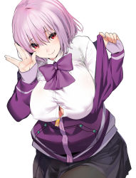 Rule 34 | 1girl, black pantyhose, black skirt, blush, bow, bowtie, breasts, bursting breasts, button gap, cleavage, closed mouth, collared shirt, dress shirt, gridman universe, highres, jacket, large breasts, light purple hair, long sleeves, looking at viewer, marushin (denwa0214), off shoulder, pantyhose, purple bow, purple bowtie, purple jacket, red eyes, shinjou akane, shirt, short hair, simple background, skirt, smile, solo, ssss.gridman, white background, white shirt, zipper pull tab