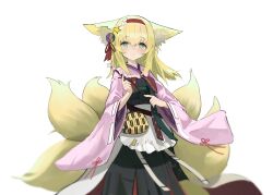 Rule 34 | 1girl, animal ears, apron, arknights, bag, blonde hair, chinese commentary, commentary, fox ears, fox tail, green eyes, hair ornament, hairband, highres, japanese clothes, kimono, looking at viewer, multiple tails, official alternate costume, roupo99, simple background, solo, suzuran (arknights), suzuran (yukibare) (arknights), tail, white background