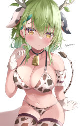 Rule 34 | 1girl, absurdres, animal ears, animal print, antlers, arm garter, bad perspective, bell, bikini, black choker, blush, branch, breasts, ceres fauna, choker, cleavage, closed mouth, cow ears, cow print, cow print bikini, cowbell, dot nose, floppy ears, flower, gloves, green hair, hair flower, hair ornament, hand up, highres, hololive, hololive english, horns, large breasts, leaf, looking at viewer, mole, mole under eye, navel, neck bell, print bikini, print thighhighs, raised eyebrows, rokusketch, sitting, solo, stomach, swimsuit, thighhighs, virtual youtuber, white gloves, yellow eyes