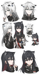 Rule 34 | 2girls, :d, absurdres, animal ears, arknights, black capelet, black footwear, black gloves, black hair, black jacket, black legwear, black shorts, blue eyes, capelet, character name, chihuri, closed mouth, commentary request, crossed legs, fingerless gloves, food, gloves, grey gloves, grey hair, hair between eyes, highres, holding, holding food, jacket, lappland (arknights), pantyhose under shorts, long hair, multicolored hair, multiple girls, multiple views, open mouth, pantyhose, parted lips, pocky, red hair, scar, scar across eye, scar on face, shoes, short shorts, shorts, simple background, sitting, smile, streaked hair, tail, texas (arknights), very long hair, white background, white jacket